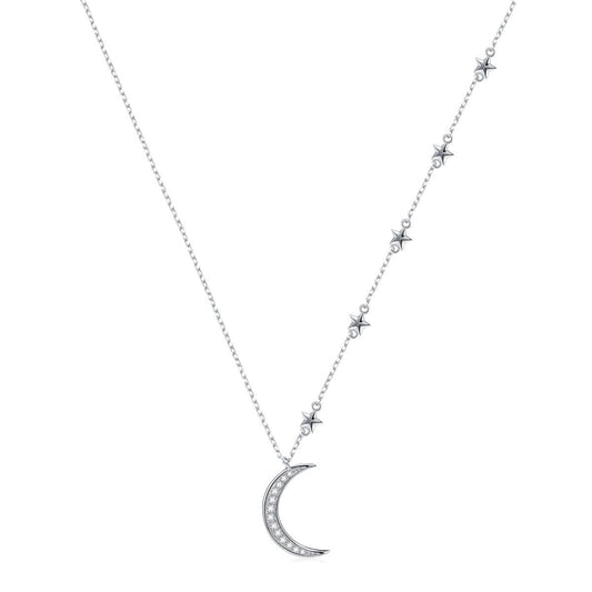 925 Sterling Silver Crescent Moon and Star Celestial Jewelry CZ White Shell Beads Mother of Pearl Pendant Necklace Rolo Chain 18 inches to 20 inches