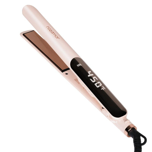 Rozamor Titanium Hair Straightener, 1 Inch Flat Iron for Straightening & Curling, LCD Temp Control, Fast Heating Anti-Scald, Salon Results, Dual Voltage, Pink