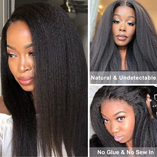 Sunber V Part Wig Human Hair Glueless Wig Kinky Straight Upgrade No Leave Out Vpart Kinky Straight Wigs 150% Density Glueless Clip in Half Wigs No Glue No Sew in Beginner Friendly 18Inch