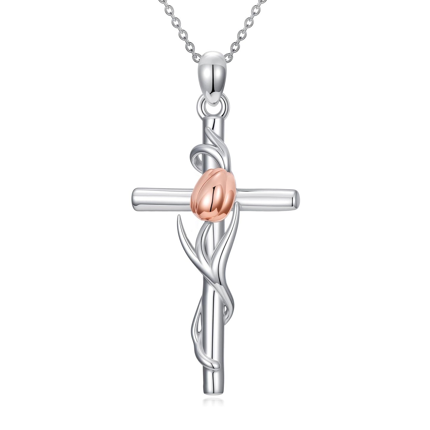 YYB Tulip Cross Necklace 925 Sterling Silver Tulip Gifts for Women Dainty Silver Cross Necklace Christian Religious Gifts for Women Mothers Day Gifts