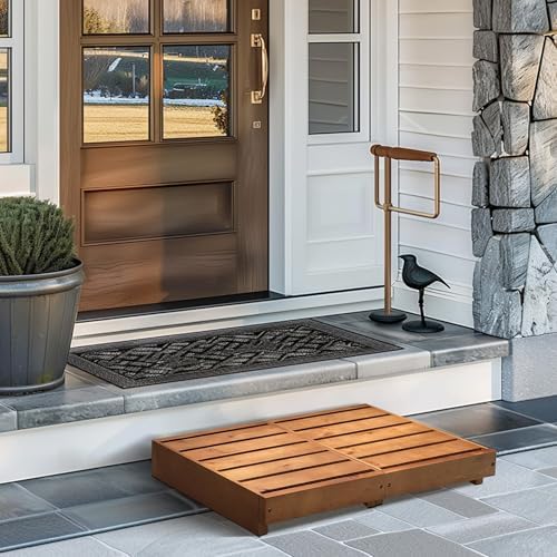 Indoor Wooden Step Stool 3.5'' Height, Outdoor Steps with Non Slip Pads, Step for Outside, Safety Stepping Stool for Bathroom, Kitchen, Bed (Oak Color)