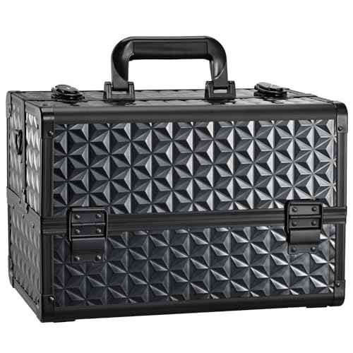 Joligrace Makeup Train Case Professional Cosmetic Organizer Aluminum Storage Box with 4 Adjustable Dividers Trays Lockable Portable with Shoulder Strap
