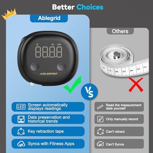 ABLEGRID Smart Body Tape Measure,Rechargeable Body Measuring Tape with Fitdays APP,Accurate Retractable Digital Body Measurement Device Tool for Muscle Gain,Weight Loss,Fitness,Locking,60in/150cm