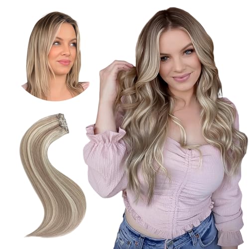 Invisible Clip in Real Human Hair Extensions,18 Inch 85 Gram Ash Brown Highlights Platinum Blonde Remy 7 Pieces With 16 Clips Thick Straight Clip Hair,No Slip No Shedding