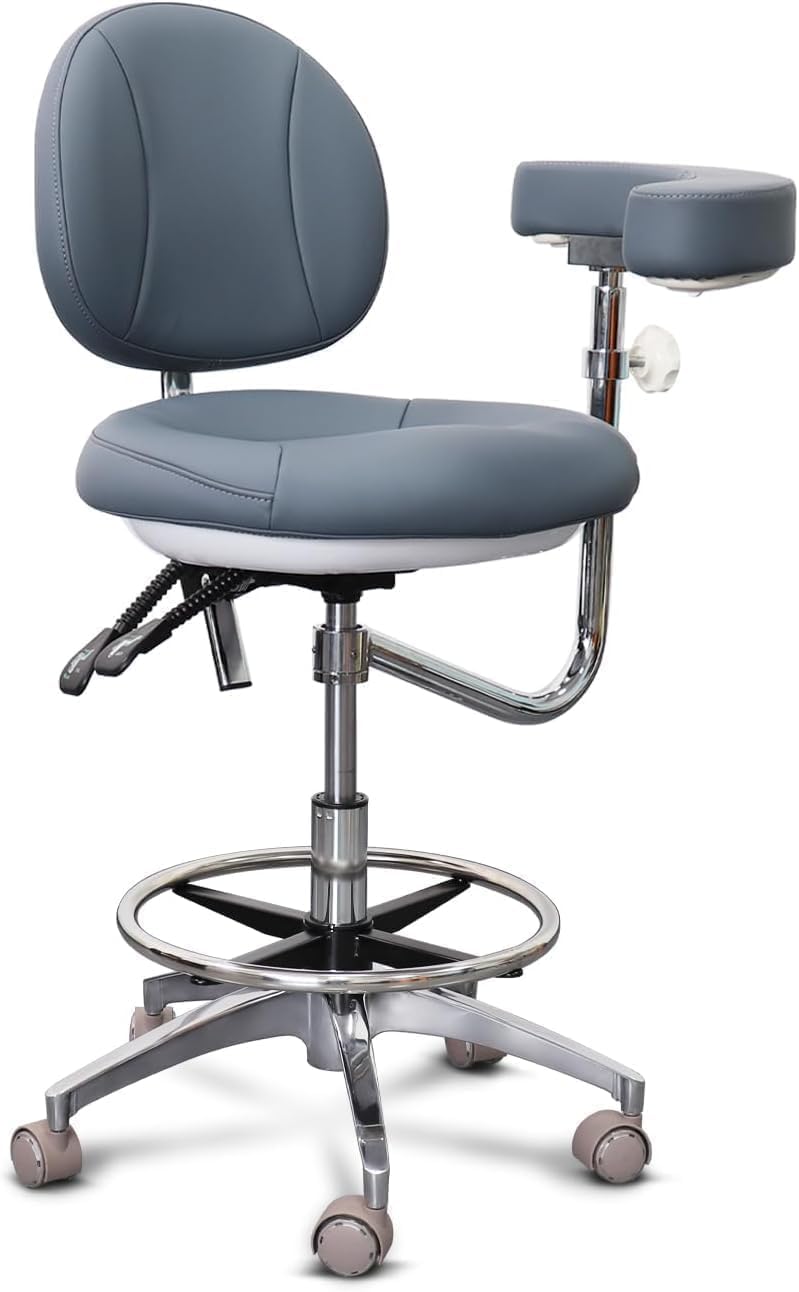 Medical Dental Assistant Chair with Rotatable Armrest Rolling Medical Chair Ergonomic Swivel Seating Back Support Dentist Stool for Clinics, Dental Offices, Labs-Gray