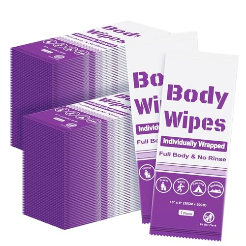200Pcs Disposable Body Wipes, 7.8 x 9.8 inch Individually Wrapped Bath Wipes for Women and Men, No Rinse-Free Large Body Bath Shower Wipes for Home Travel Hotel Outdoors Camping After Gym ((Purple)