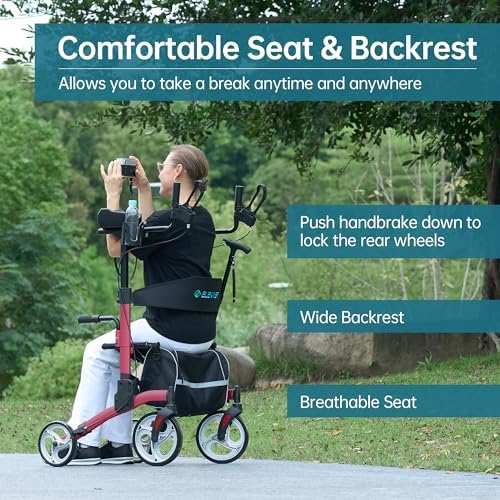 ELENKER Upright Rollator Walker, Stand Up Rolling Walker, Mobility Walking Aid with 10” Front Wheels, Seat and Armrest for Seniors and Adults, Red