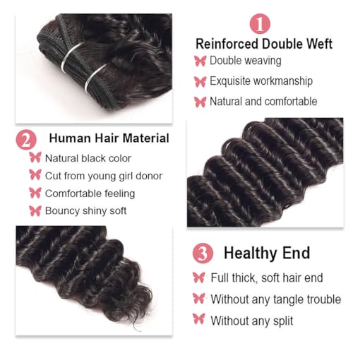 12A Deep Wave Bundles Human Hair 16 18 20 Inchs Human Hair Bundle 100% Unprocessed Brazilian Curly Wet Wavy Texture 3 Bundles Deep Wave Natural Black