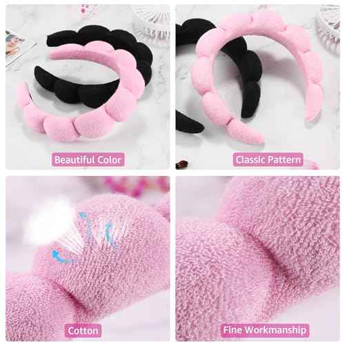 Spa Headbands for Washing Face or Facial, Set of 2 Skincare Headbands, Terry Cloth Headband Wash Combo Pack - Puffy Makeup Washing, Mask, Skin Treatment (Black & Pink)