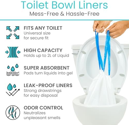 Vive Toilet and Commode Liners with Super Absorbent Pads (48 Pack) - Camping Emergency Toilet Seat Bags - Disposable & Portable Waste Liners for Adults - Hurricane Preparedness Items Supplies Kit