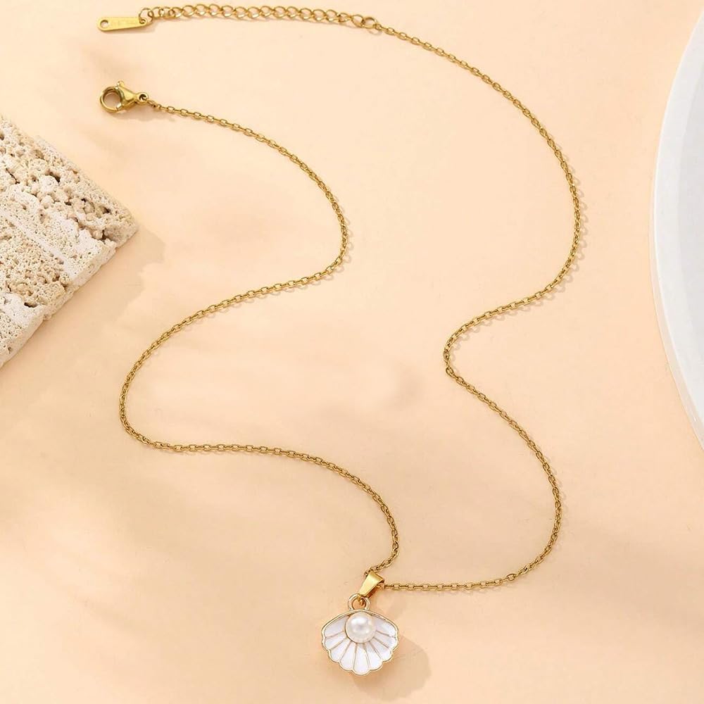 Seashell Pearl Pendant Necklace Gold Plated Boho Enamel Pink Blue Scallop Sea Shell Starfish Ocean Animal Chain Necklace for Women Hawaiian Summer Beach Holiday Fashion Jewelry Gifts (White jewelry set)