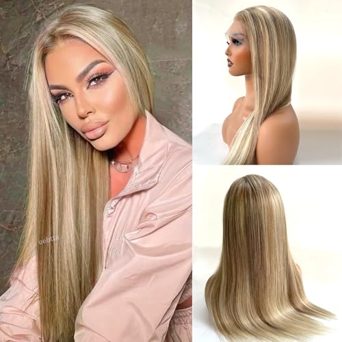 Ubetta Highlight Ash Blonde Wig Human Hair, 13x4 HD Balayage Glueless Wigs Human Hair Ash Brown to Ash Blonde Highlights Pre Plucked 18 Inch 180% Density Lace Frontal Human Hair Wigs for White Women