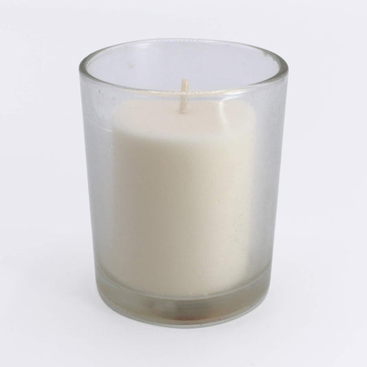 18 White Colored Unscented Wax Votive Candles in Glass Holder, 24 Hours Burn Time