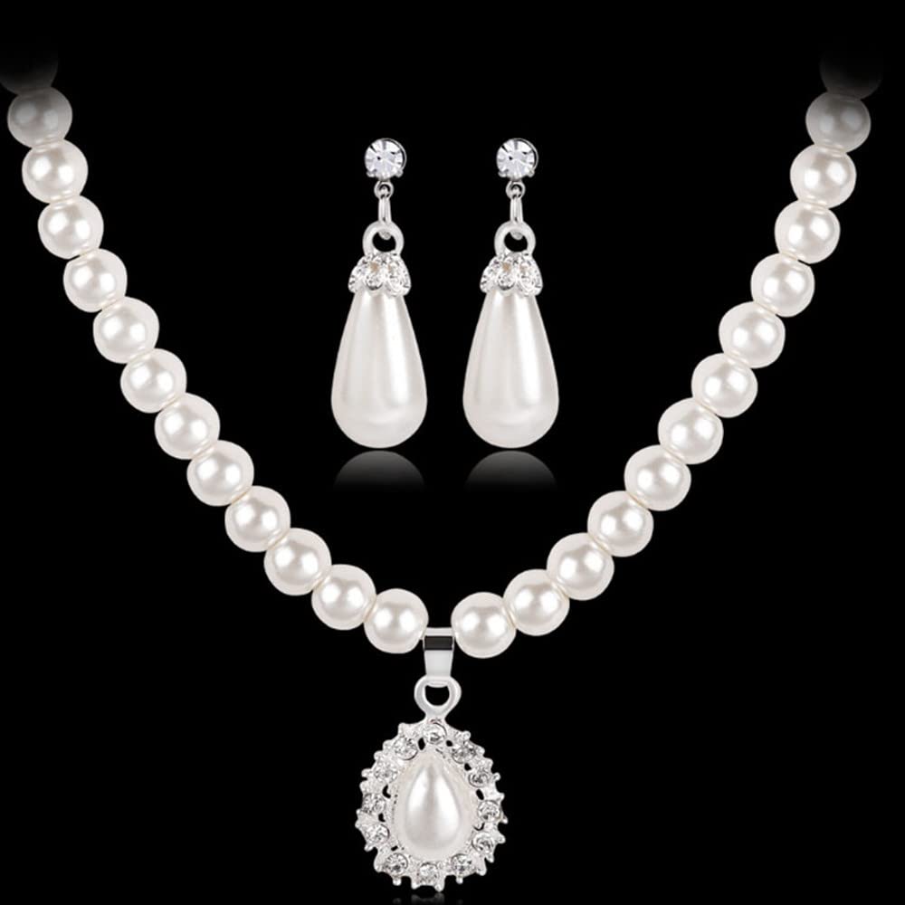 tenghong2021 Fashion Classic Faux Pearl Jewelry Set Necklace Bracelet Earrings for Women Best Gift (White water drop)