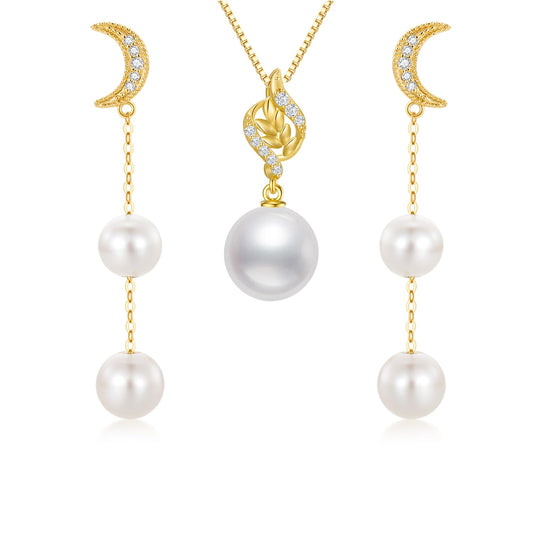 14K Gold Diamond Moon Pearl Earring and Leveas Pearl Necklace Set for Women, Fine Jewelry for Her