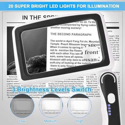 Rechargeable Magnifying Glass with Light, 5X 10X 45X Large Page Magnifier with 20 LED Lights, Folding Handheld Dimmable Magnifier for Seniors Reading Books and Small Print（Black & White）
