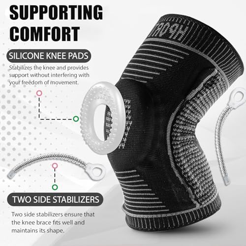 Compression Knee Pads for Women Men Sports 2 Pack Knee Sleeves with Patella Gel Pad & Side Stabilizers, Knee Braces for Knee Support Workout Sports ACL & Arthritis Pain Relief Black (XXL)