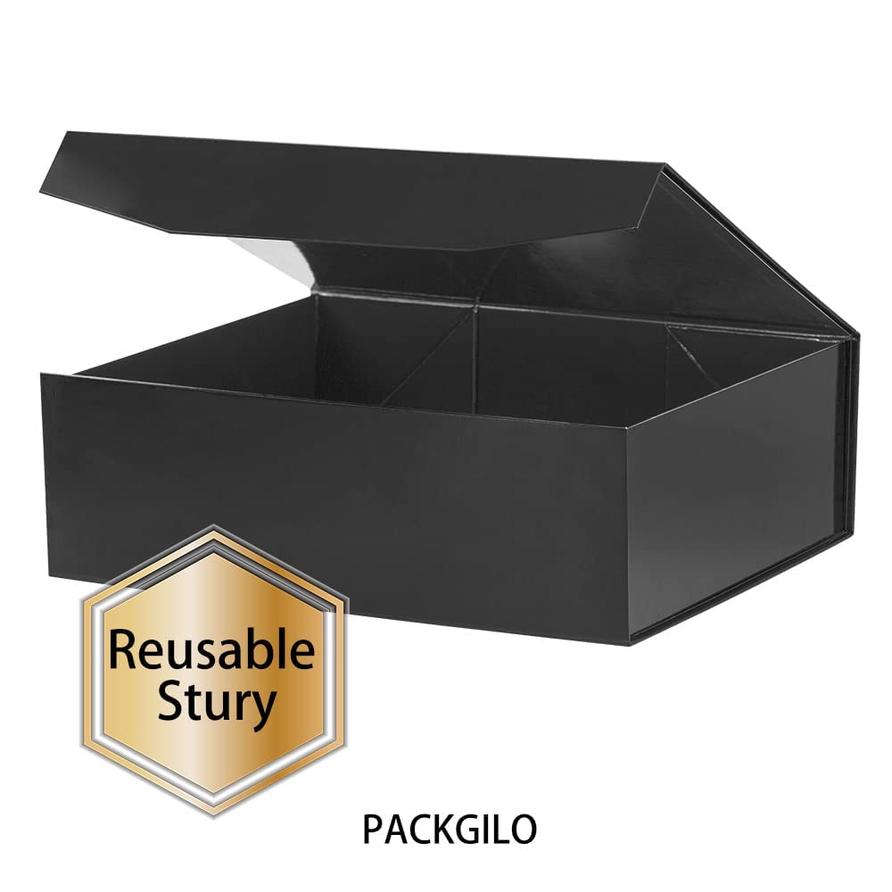 PACKGILO Black Extra Large Gift Box with Lid 2 Pcs 16.5 x 13 x 5.3 Inches, Gift Box large Black Gift Boxes for Presents Clothes Robe Wedding Dress Sweater,Reusable Foldable Bridesmaid Proposal Box（Glossy）