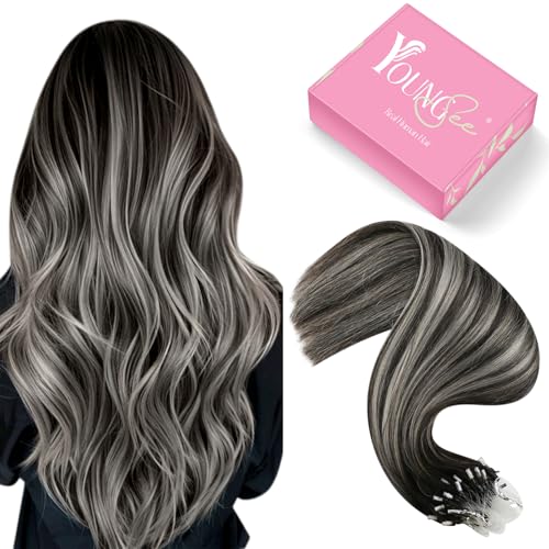 YoungSee Micro Loop Hair Extensions Real Human Hair Ombre Microlink Hair Extensions Balayage Black with Silver Bead Hair Extension Human Hair Straight 24 Inch 50g 50s