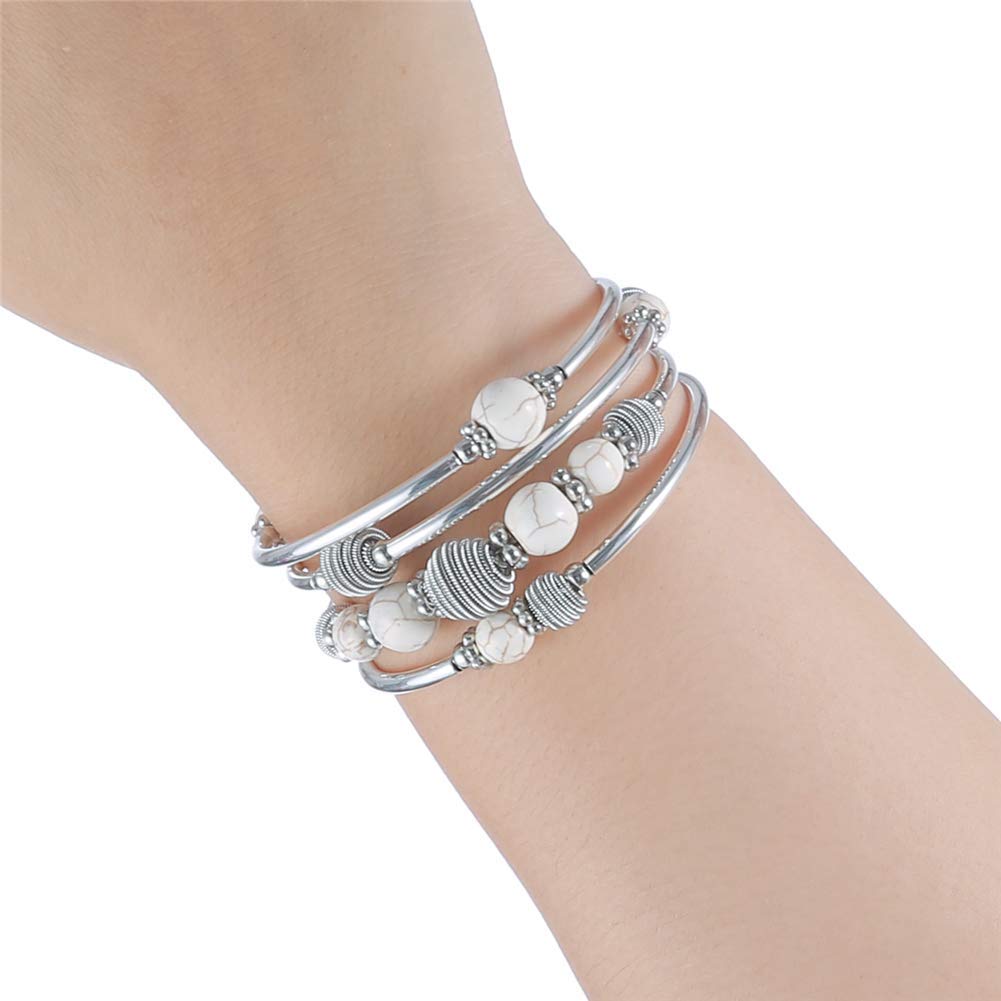 PEARL&CLUB Beaded Chakra Bangle Turquoise Bracelet - Fashion Jewelry Wrap Bracelet with Thick Silver Metal and Mala Beads, Birthday Gifts For Women(White Turquoise)