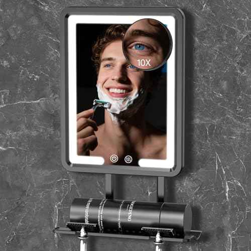 COSMIRROR Heated Shower Mirror Fogless for Shaving, Anti Fog Shaving Mirror with Light, 5000mAh Rechargeable Shower Mirrors with Razor Holder, Fog Free Shave Mirror with 10X Magnification, Men Gift