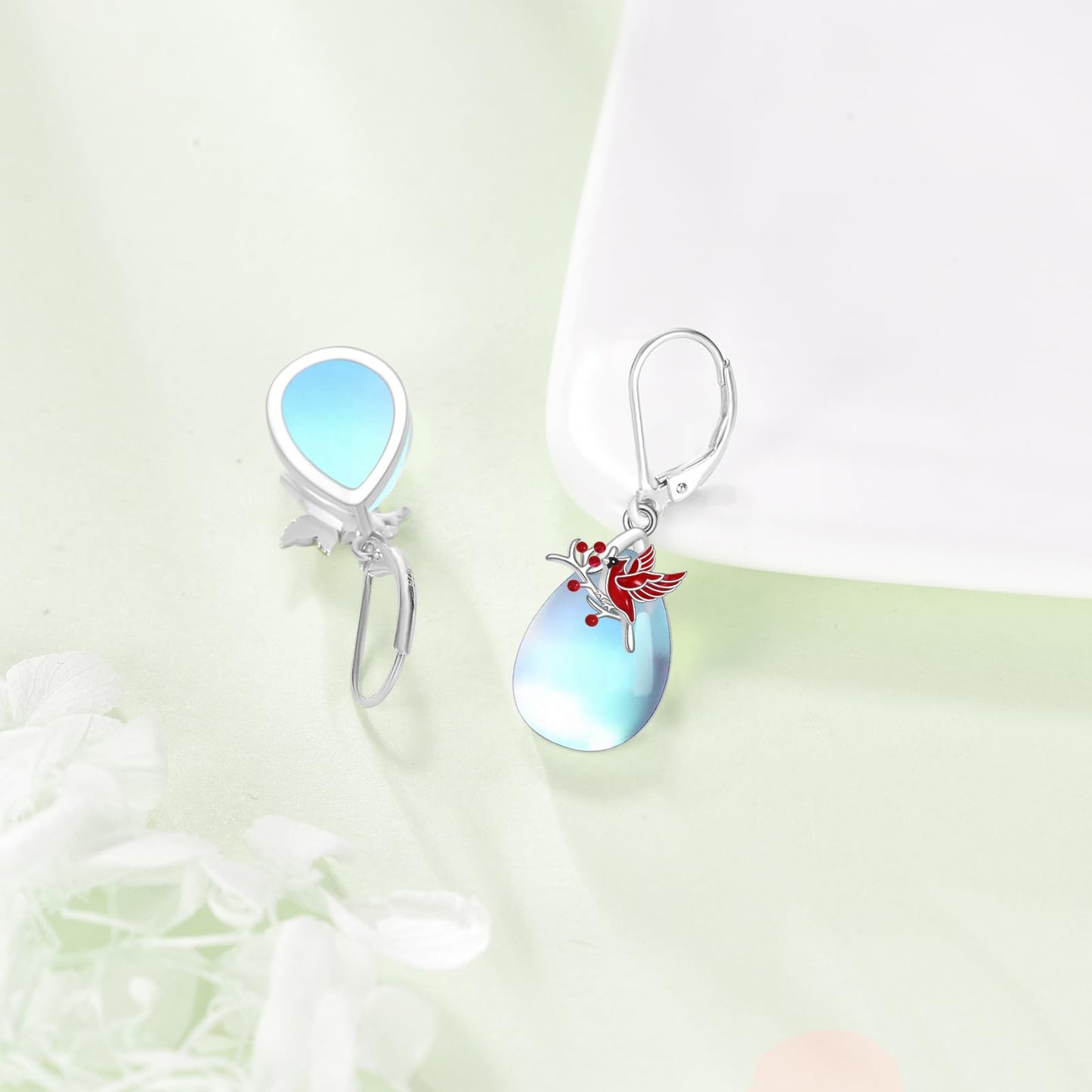 TIGER RIDER Red Cardinal Bird 925 Sterling Silver French Clasp Leverback Earrings Moonstone Pendant Jewelry Gift for Women
