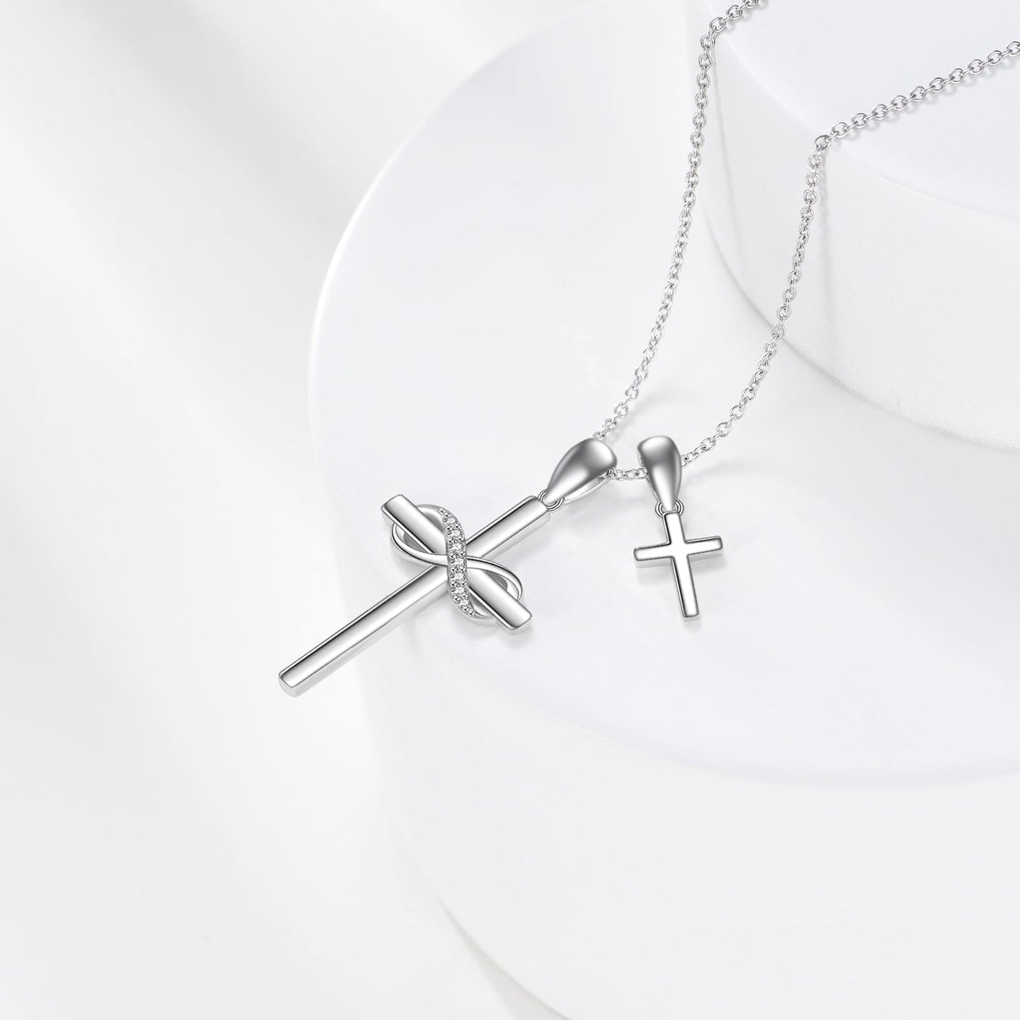 VONALA Valentines Day Infinity Cross Necklace 925 Sterling Silver Double Cross Pendant Necklace Faith Jewelry Religious Gifts for Women