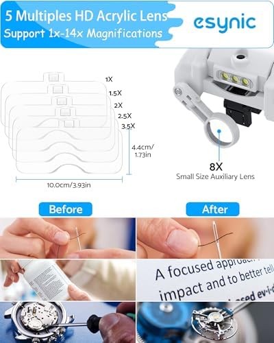 eSynic Comfortable Head Magnifier with Light Storage Case Rechargeable 1X-14X 5 Acrylic Lenses Double Lens Design Adjustable Headband Magnifying Glass for Reading Crafts Jewelry Repair Close Work
