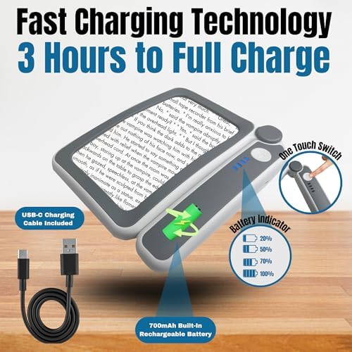 MAGNIPROS Rechargeable 4X Magnifying Glass with Light for Reading, Large Foldable LED Page Magnifier, Dimmable Handheld Rectangle Magnifier for Seniors, Small Print, Low Vision Books