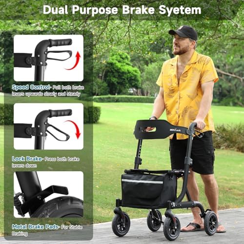 Walkers for Seniors, Rollator Walker with Seat, 8" Rubber Wheels All Terrain Rollator Walker with Backrest, Aluminum Walkers Built-in Cable, Foldable and Adjustable Height for Seniors, Black
