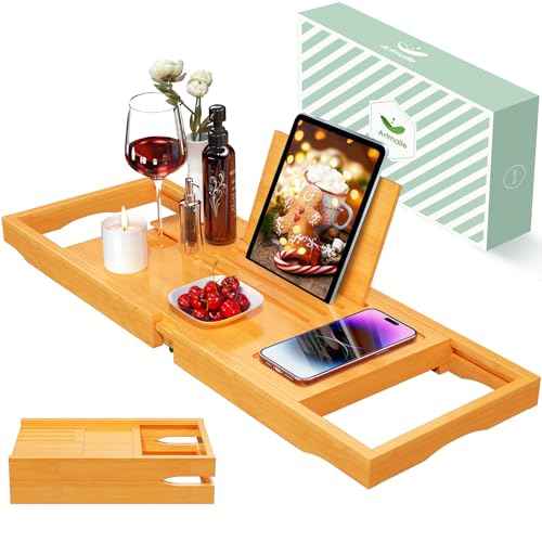 Artmalle Bathtub Caddy Tray for Tub, Expandable Bamboo Bath Table Tray with Book Stand for Home Spa Relaxing, Foldable Minimalist Bathroom Accessories for Women Men (Simple, Natural) (Natural)