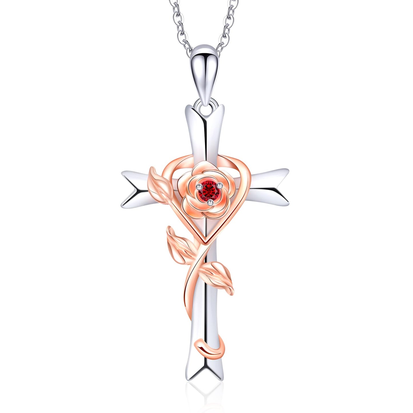 RIVIKO Mothers Day Gifts for Mom-925 Sterling Silver Cross Jan Birthstone Necklace for Women Cross Rose Necklaces Valentine's Day Christmas Anniversary Jewelry Birthday Gift for Women Her Wife