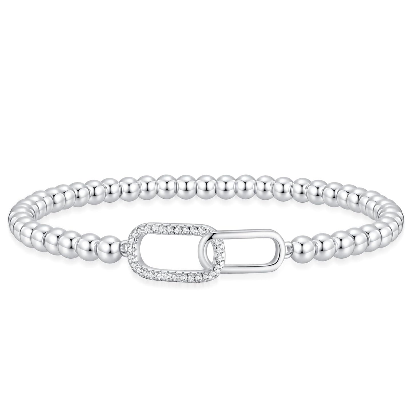 Beaded Bracelets for Women 14K Silver Gold Plated Stretch Handmade Ball Bracelets Cute Charm Bracelet Dainty Stackable Cross Heart Bow Wave CZ Circle Trendy Jewelry Easter Gifts (zirconia-square-silver)