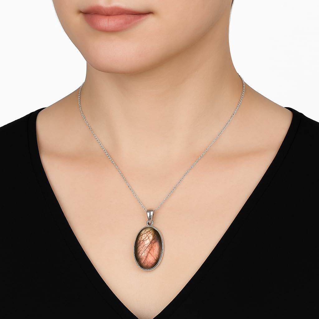 SIVARA Labradorite Pendant Necklace – Handmade Oval Crystal Pendant in 925 Sterling Silver – Healing Gemstone Jewelry Gift for Women – February Birthstone - Boho Spiritual Necklace