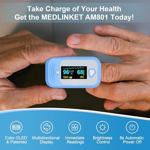 AM801 Pulse Oximeter, 5-in-1 Finger Oxygen Monitor, Measures Blood Oxygen, Temperature, Pulse Rate, Perfusion Index, Plethysmograph, OLED Display SpO2 Oxygen Reader with Storage Pouch