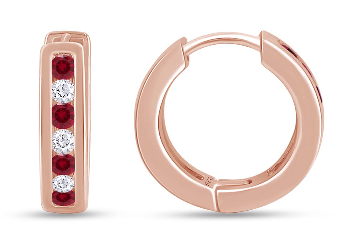 Huggie Earrings for Women, 14K Rose Gold Over Sterling Silver Hoop Earrings with Simulated Ruby and White Cubic Zirconia, Dainty Elegant Jewelry Gift
