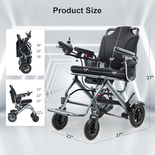 Lightweight Foldable Electric Wheelchair, Only 33lbs, Wheelchairs for Adults, Removable Lithium Battery, All Terrain Portable Motorized Wheelchairs for Seniors, Airline Approval (Grey) (Grey)
