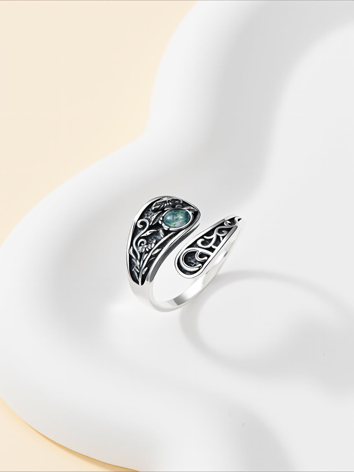 Midari Mushroom Spoon Ring 925 Sterling Silver Moss Agate Rings for Women Vintage Adjustable Thumb Rings Mushroom Ring Jewelry Gifts for Women Birthday Christmas Gifts