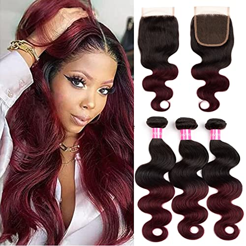 2 Tone Ombre Body Wave Human Hair 3 Bundles with 4x4 Lace Closure 100% Brazilian Remy Virgin Hair Body Wave Human Hair Bundles with 4x4 Free Part Lace Closure(T1B/99J, 10 12 14+10)