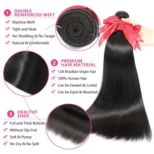 12A Straight Bundles Human Hair with 5x5 Closure 14 16 18+12 Inch Brazilian Human Hair Weave Bundles with 5x5 HD Lace Closure 100% Unprocessed Virgin Hair Extensions