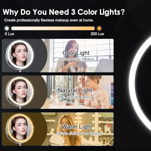 Lighted Makeup Mirror, 3000 mAh Rechargeable Double Sided Magnifying Vanity Mirror with 3 Colors, 1x/10x, 360¡Æ Rotation , Brightness Adjustable Magnification Cosmetic Light up Mirror, Women Gift