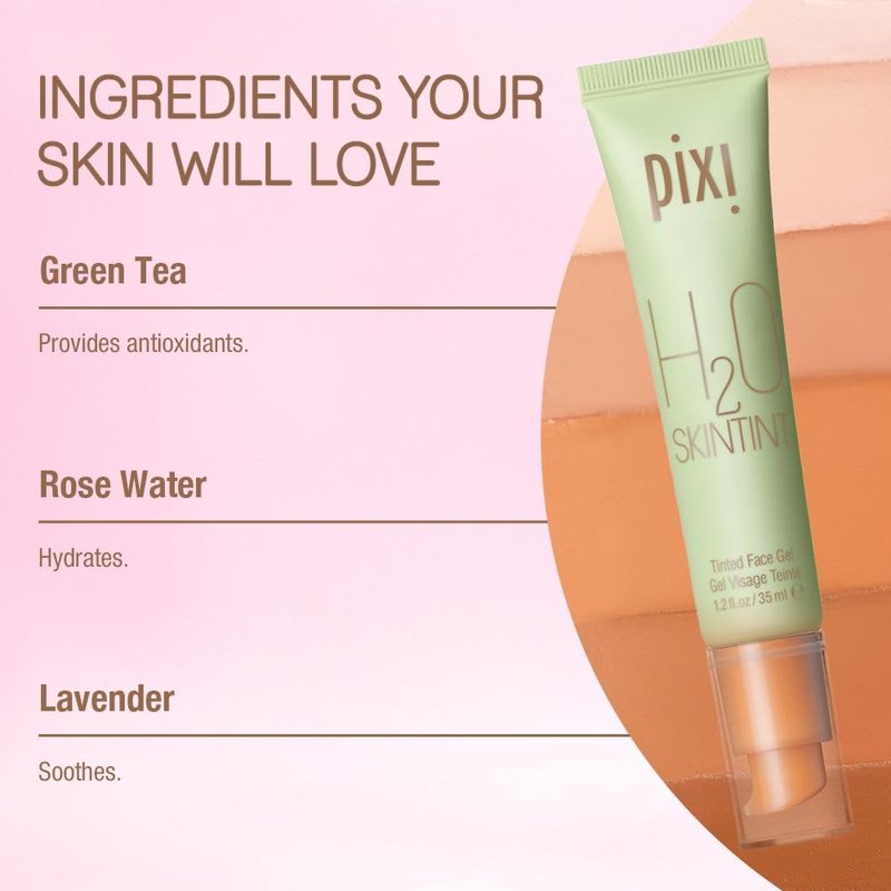 Pixi H2O SkinTint | Tinted Face Gel Moisturizer | Lightweight Hydrating Coverage with Hyaluronic Acid | Evens Skin Tone & Reduces Redness | Oil-Free Dewy Finish | Honey | 1.2 fl oz