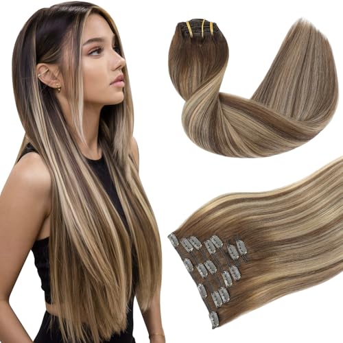 Youngsmile Human Hair Clip in Extensions, 16 Inch 120g 7Pcs Hair Extensions Clip in Balayage Chocolate Brown Mixed Caramel Blonde Human Hair Easy to Install,Thick End,Soft Silk (CLIP#4/27/4-16Inch)