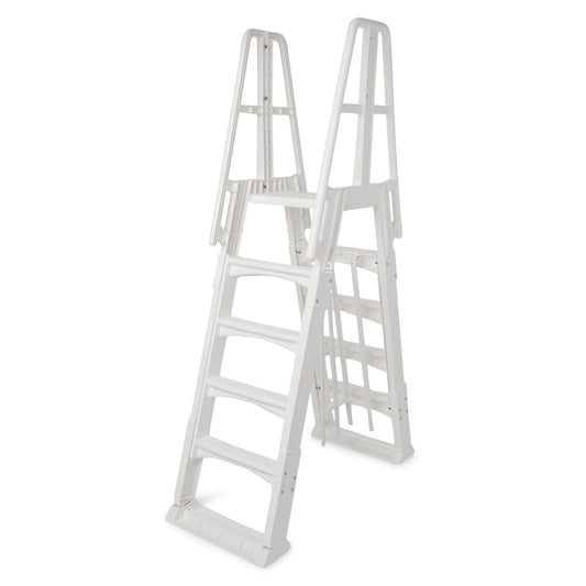 Vinyl Works SLA A-Frame 48 to 56 Inch Adjustable Above Ground Swimming Pool Ladder Entry System with Slide Lock Barrier and Handrails, White