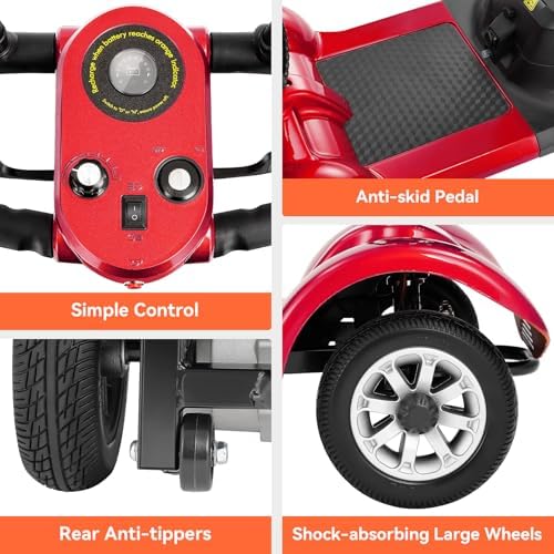 4 Wheel Compact Mobility Scooter for Seniors and Adults,Foldable Electric Scooter, Heavy Duty Travel Model with Lights, Basket, and Long-Lasting Battery (Red)