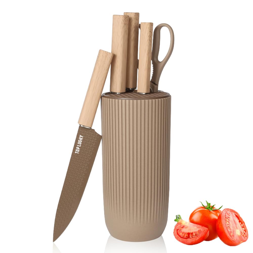 Knife Set, Wiztoynia 6-Piece Coffee Kitchen Knife Set for Home, Anti-Rust Non-stick Stainless Steel Sharp Chef Knife Set with Universal Knife Block for Kitchen, Ergonomical Design (Coffee)