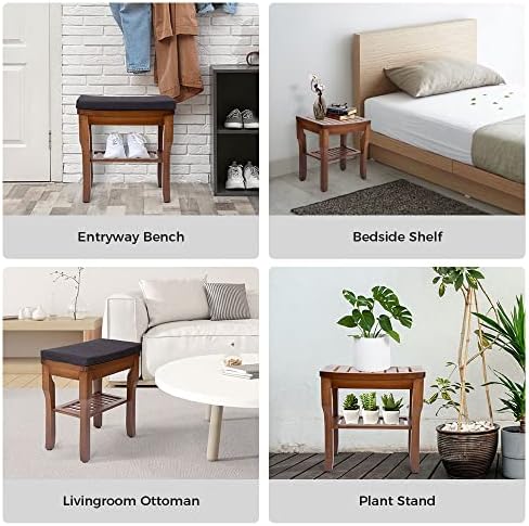 StrongTek Bamboo Shower Bench Seat with Cushion, Shower Stool with Storage Shelf, Lightweight, Non-Slip, Quick-Drain Design, 350 lbs Capacity, Ideal for Bathroom, Spa, Sauna, Living Room