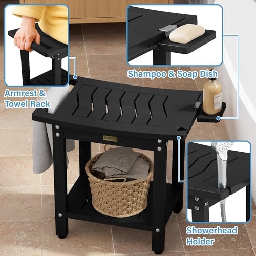 YEFU Shower Chair for Inside Shower: 21" Oversized Non-Slip Waterproof No Maintenance 500LBS Weight Capacity - Shower Bench/Stool with Shelf Handle for Bathroom/Outdoor - Easy Assemble for Adult/Black
