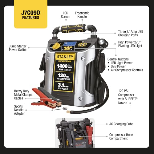 Stanley J7C09D 1400 Peak Amp Automotive Jump Starter, Portable Power – Triple 15W USB Ports, 120 PSI Air Compressor for Tires & Sports Equipment