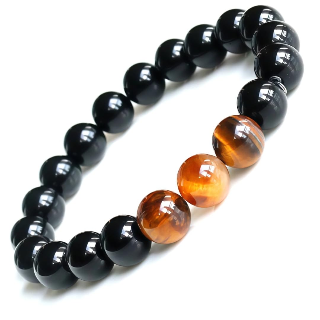 merihong Handmade Yoga Stretch Elastic Bracelet Natural Stone Crystal Healing Power Energy Gifts for Unisex Adult 6mm （Rose Quartz） (Obsidian)